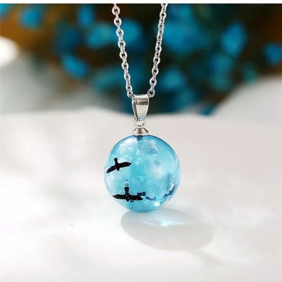 White Clouds Blue Sky Birds Glass Ball Necklace - Picture 2 of 6